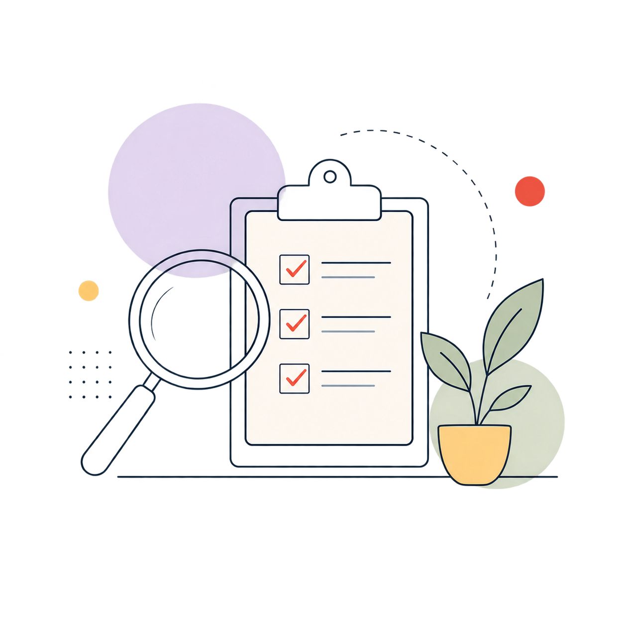 Illustration of a magnifying glass, clipboard and plant