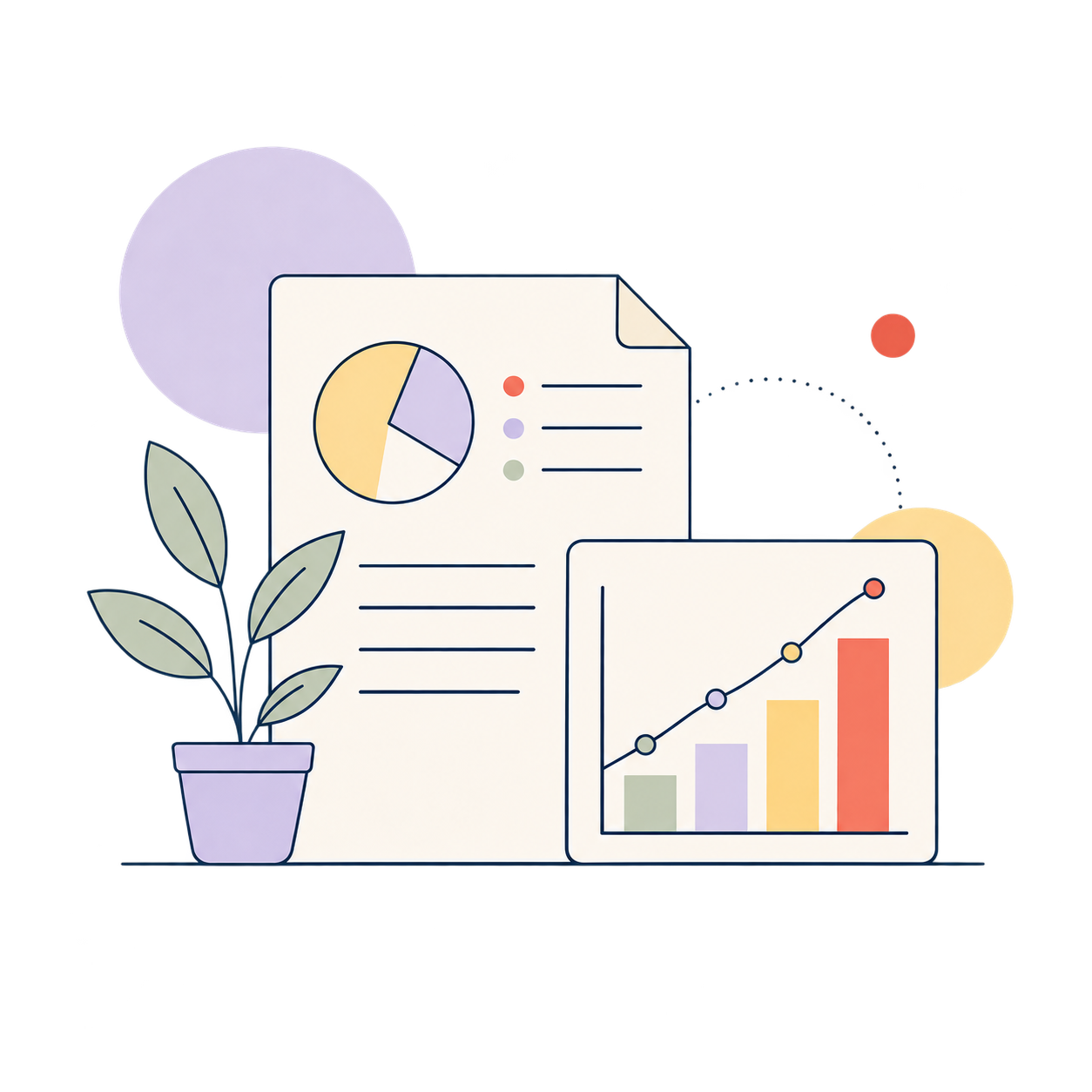 Illustration of a graph, plant and document