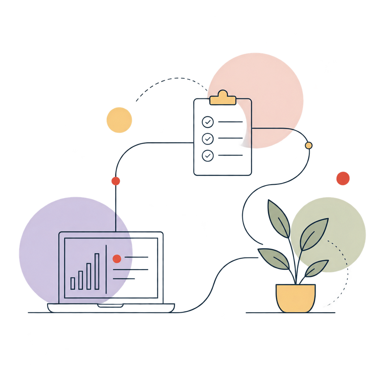 Illustration of a laptop, paper and plant