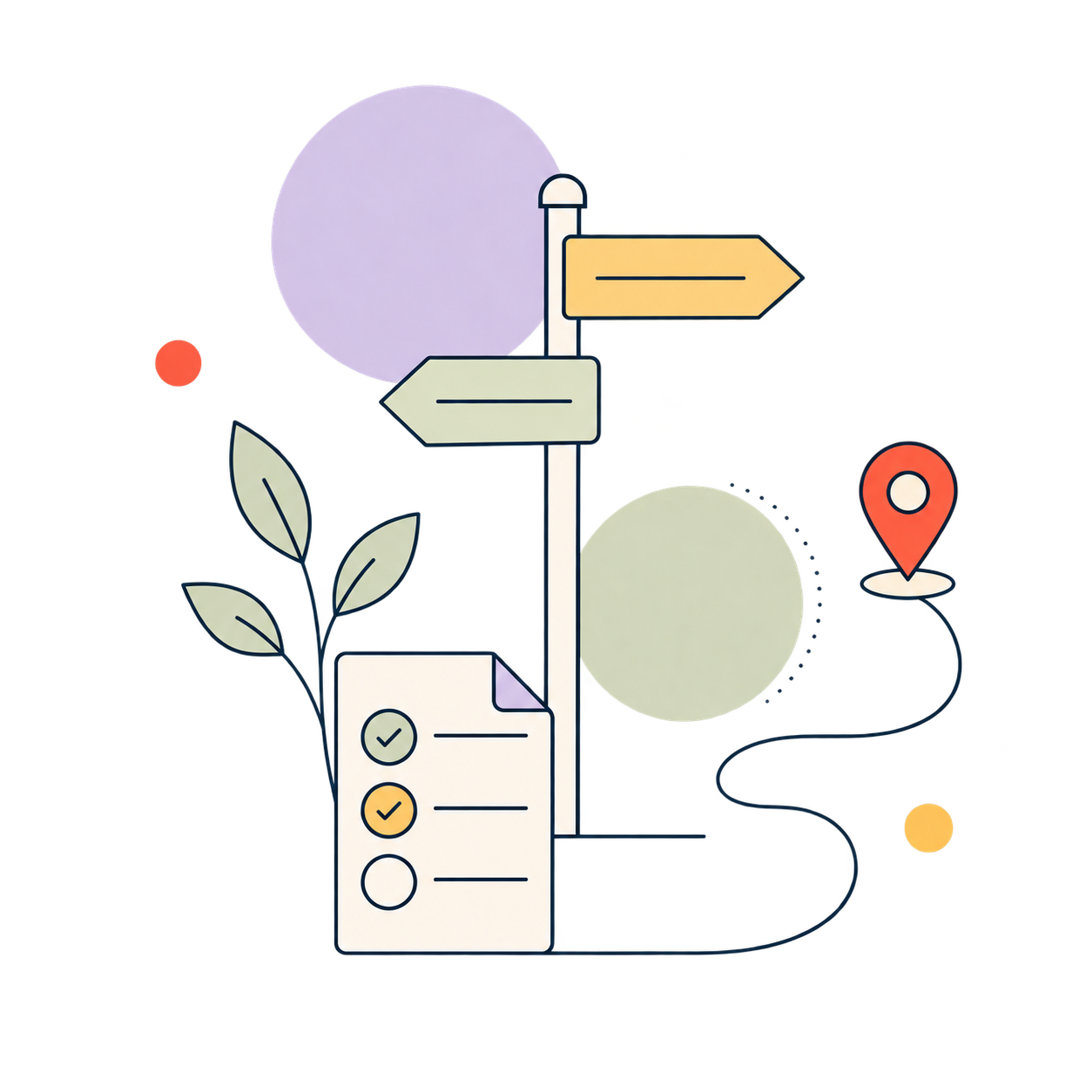 Illustration of signposts, documents and an end point